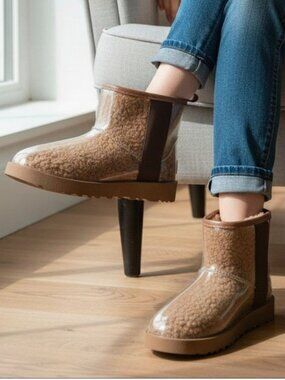 Clear Shearling-Lined Ankle Boots With Brown Trim & Rubber Sole For Women